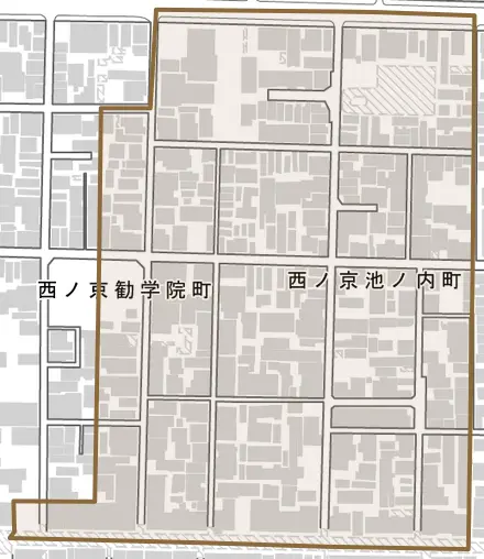 西ノ京池ノ内町とその周辺の地図。町の範囲を重ねている
