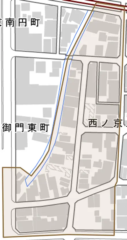 西ノ京上合町とその周辺の地図。町の範囲を重ねている