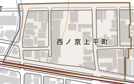 西ノ京上平町とその周辺の地図。町の範囲を重ねている