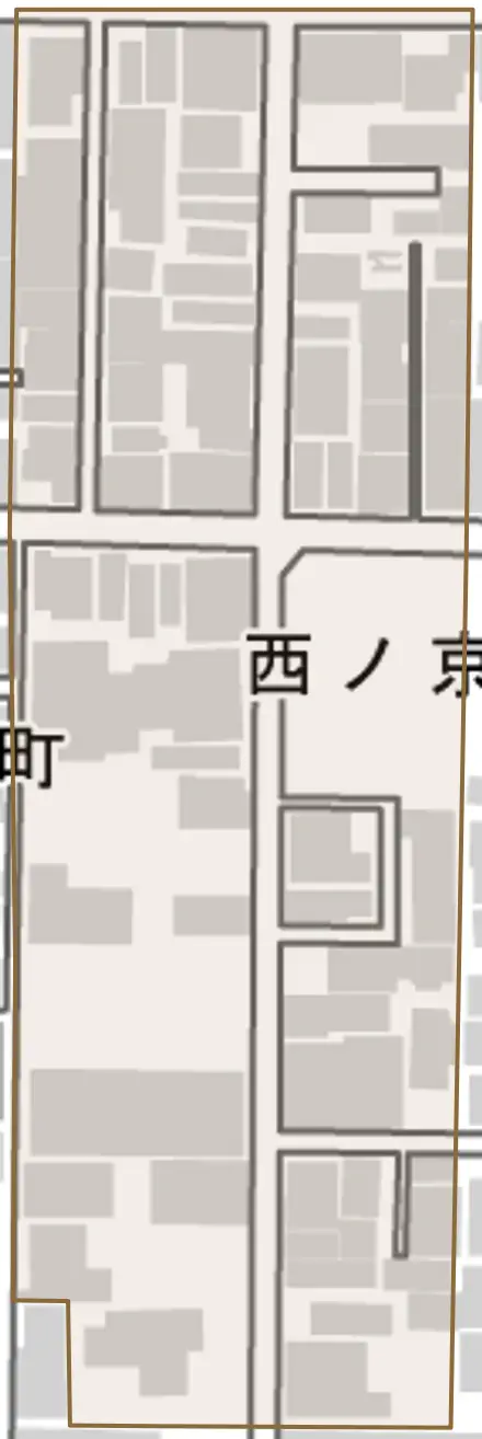 西ノ京勧学院町とその周辺の地図。町の範囲を重ねている