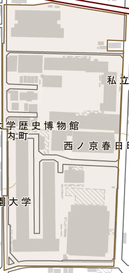 西ノ京春日町とその周辺の地図。町の範囲を重ねている