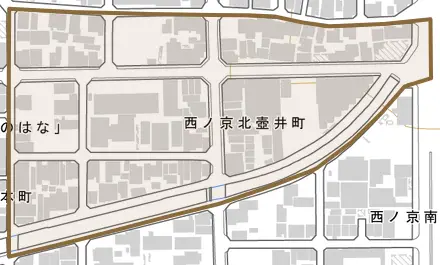 西ノ京北壺井町とその周辺の地図。町の範囲を重ねている