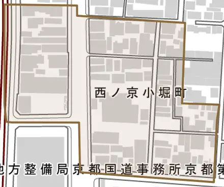 西ノ京小堀町とその周辺の地図。町の範囲を重ねている