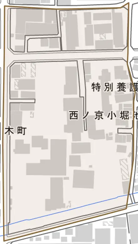 西ノ京小堀池町とその周辺の地図。町の範囲を重ねている