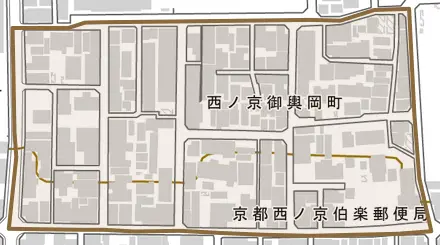 西ノ京御輿岡町とその周辺の地図。町の範囲を重ねている
