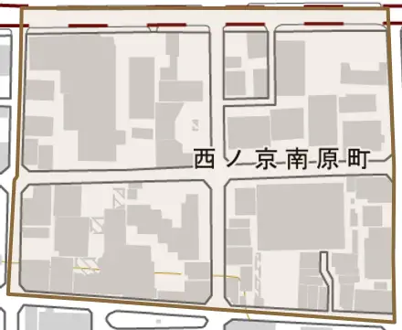 西ノ京南原町とその周辺の地図。町の範囲を重ねている