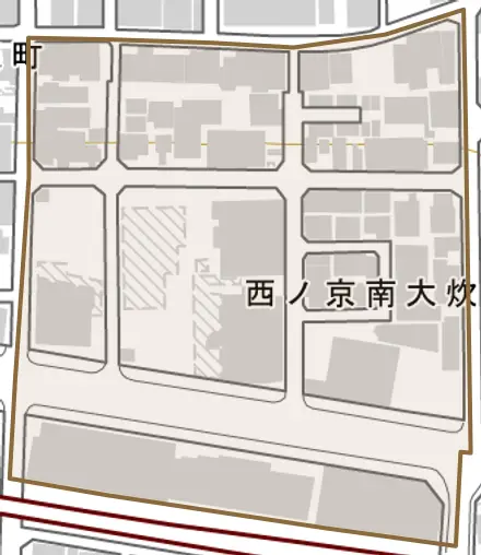 西ノ京南大炊御門町とその周辺の地図。町の範囲を重ねている
