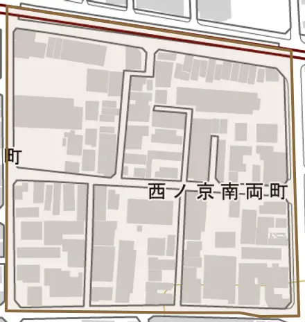 西ノ京南両町とその周辺の地図。町の範囲を重ねている