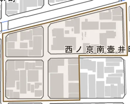 西ノ京南壺井町とその周辺の地図。町の範囲を重ねている