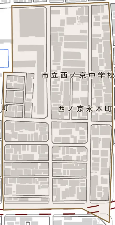 西ノ京永本町とその周辺の地図。町の範囲を重ねている