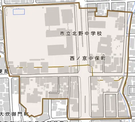 西ノ京中保町とその周辺の地図。町の範囲を重ねている