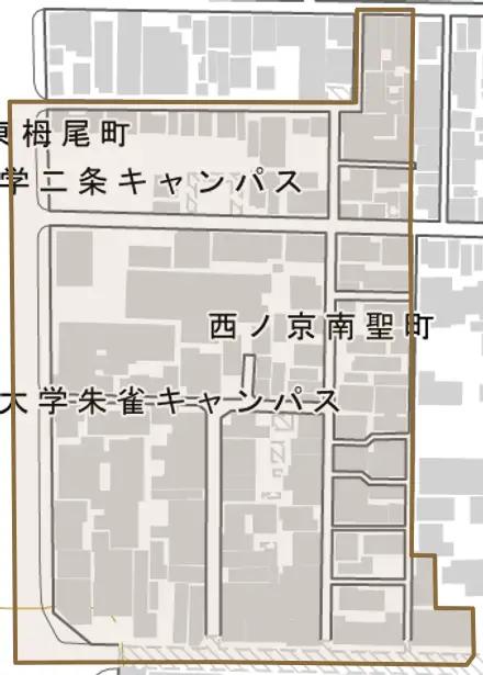 西ノ京南聖町とその周辺の地図。町の範囲を重ねている