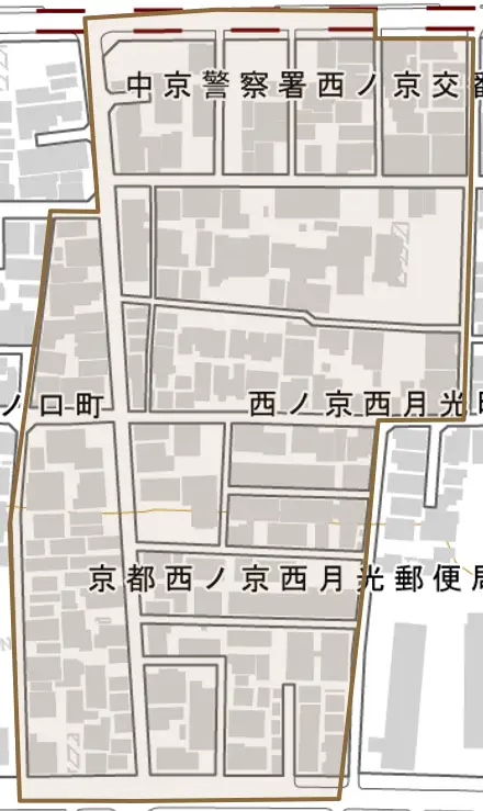 西ノ京西月光町とその周辺の地図。町の範囲を重ねている