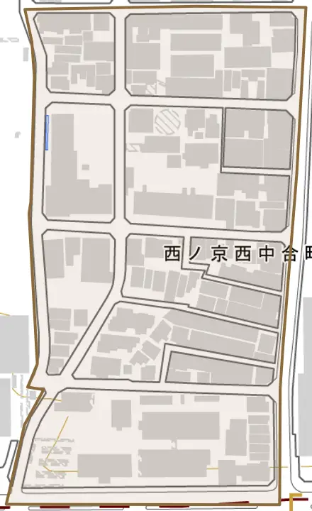 西ノ京西中合町とその周辺の地図。町の範囲を重ねている