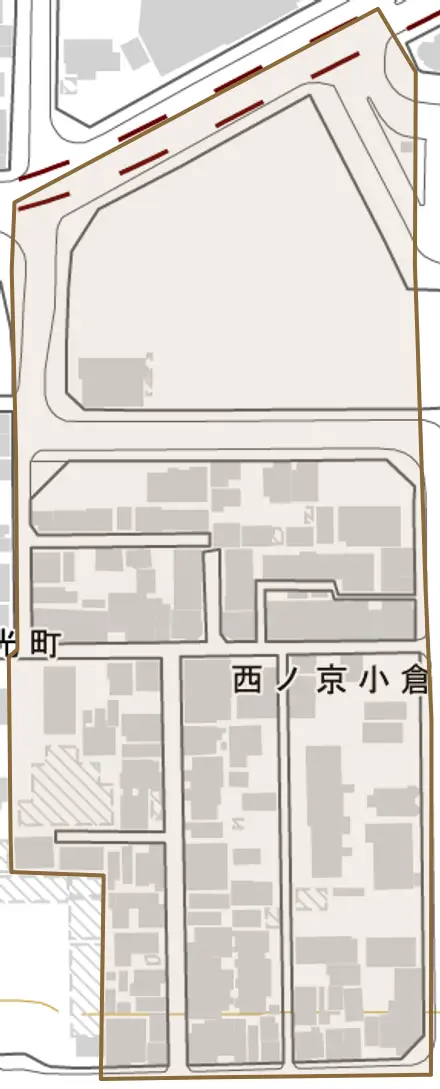 西ノ京小倉町とその周辺の地図。町の範囲を重ねている