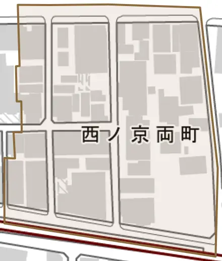 西ノ京両町とその周辺の地図。町の範囲を重ねている