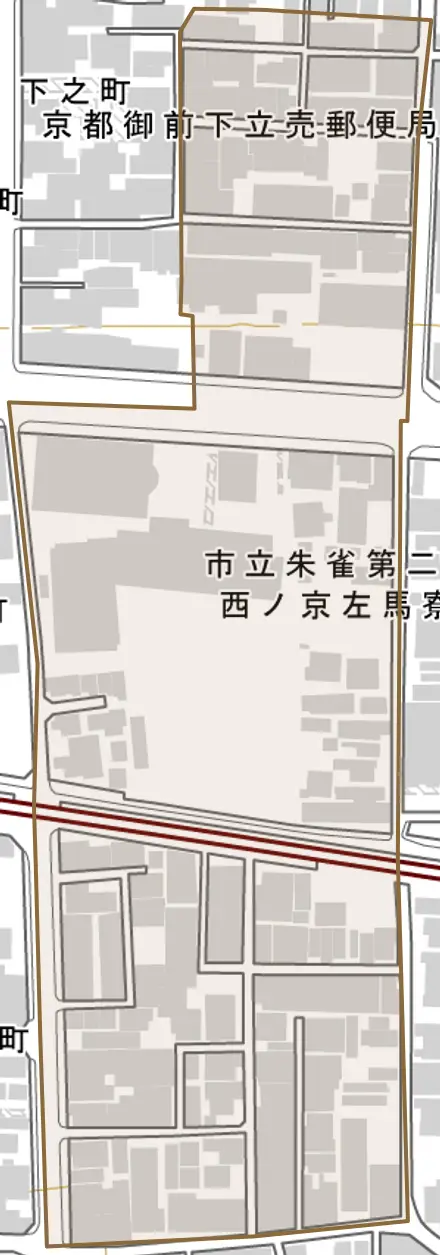 西ノ京左馬寮町とその周辺の地図。町の範囲を重ねている