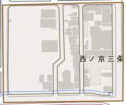 西ノ京三条坊町とその周辺の地図。町の範囲を重ねている