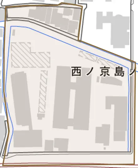 西ノ京島ノ内町とその周辺の地図。町の範囲を重ねている