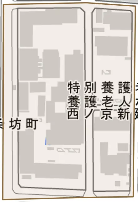 西ノ京新建町とその周辺の地図。町の範囲を重ねている