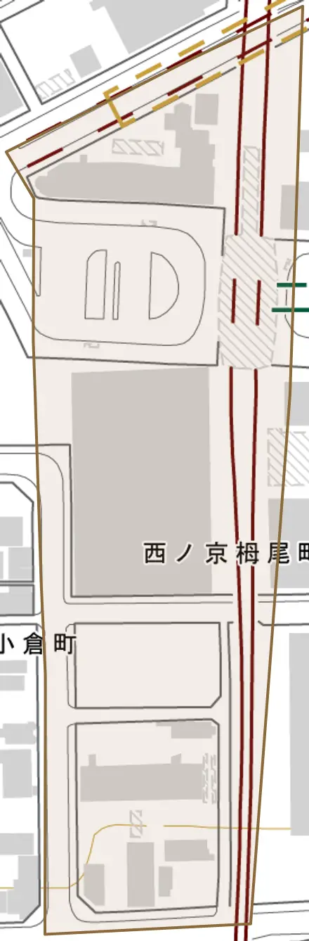 西ノ京栂尾町とその周辺の地図。町の範囲を重ねている