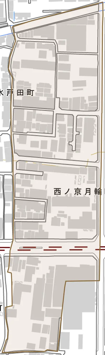 西ノ京月輪町とその周辺の地図。町の範囲を重ねている