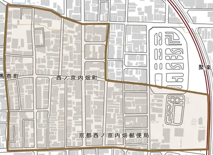 西ノ京内畑町とその周辺の地図。町の範囲を重ねている
