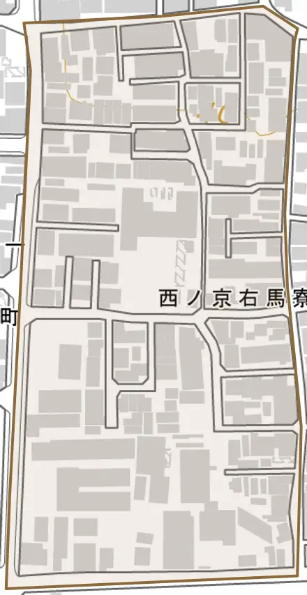 西ノ京右馬寮町とその周辺の地図。町の範囲を重ねている