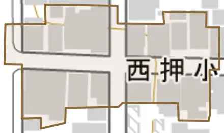 西押小路町とその周辺の地図。町の範囲を重ねている