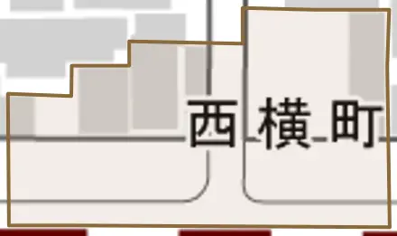 西横町とその周辺の地図。町の範囲を重ねている