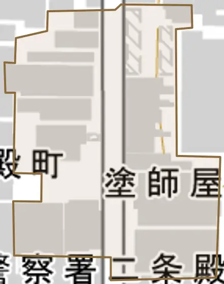 塗師屋町とその周辺の地図。町の範囲を重ねている