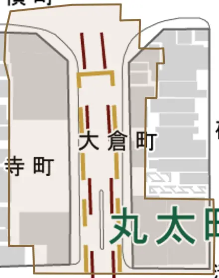 大倉町とその周辺の地図。町の範囲を重ねている