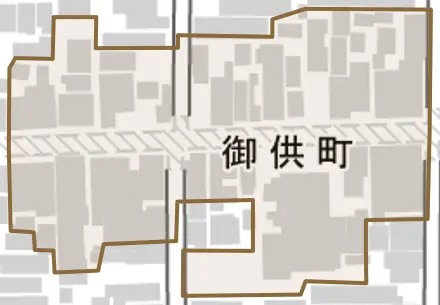 御供町とその周辺の地図。町の範囲を重ねている