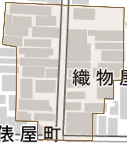 織物屋町とその周辺の地図。町の範囲を重ねている