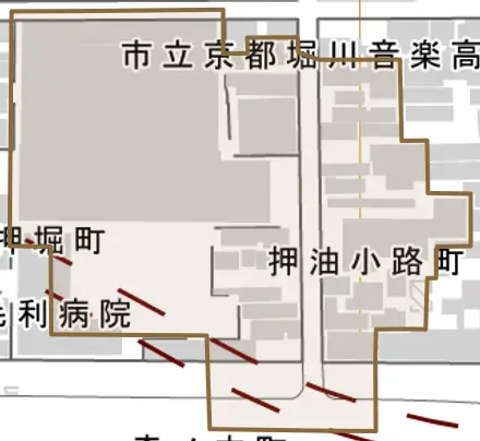 押油小路町とその周辺の地図。町の範囲を重ねている