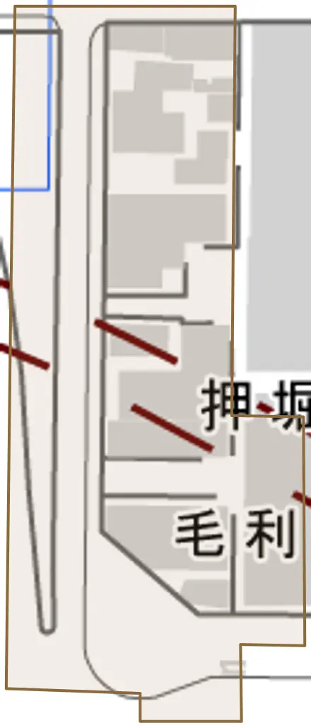 押堀町とその周辺の地図。町の範囲を重ねている