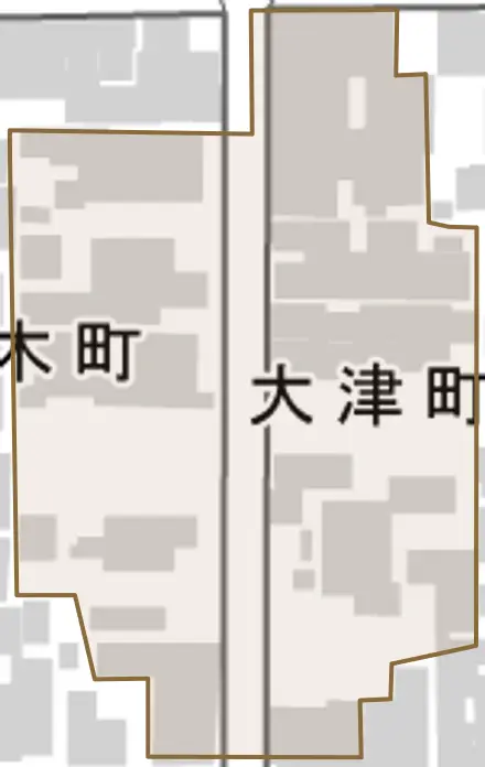 大津町とその周辺の地図。町の範囲を重ねている