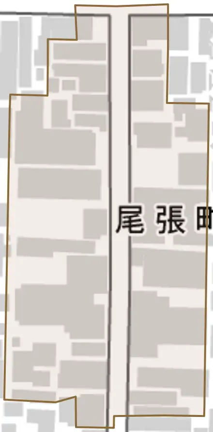 尾張町とその周辺の地図。町の範囲を重ねている