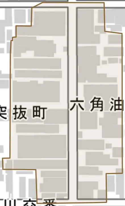 六角油小路町とその周辺の地図。町の範囲を重ねている