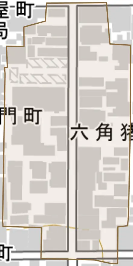 六角猪熊町とその周辺の地図。町の範囲を重ねている