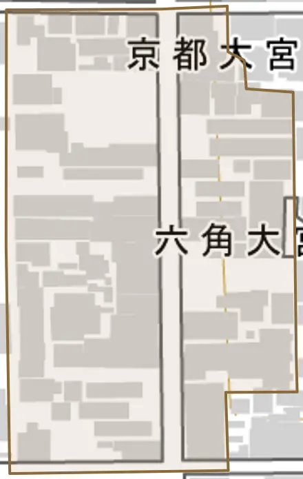 六角大宮町とその周辺の地図。町の範囲を重ねている