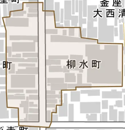 柳水町とその周辺の地図。町の範囲を重ねている