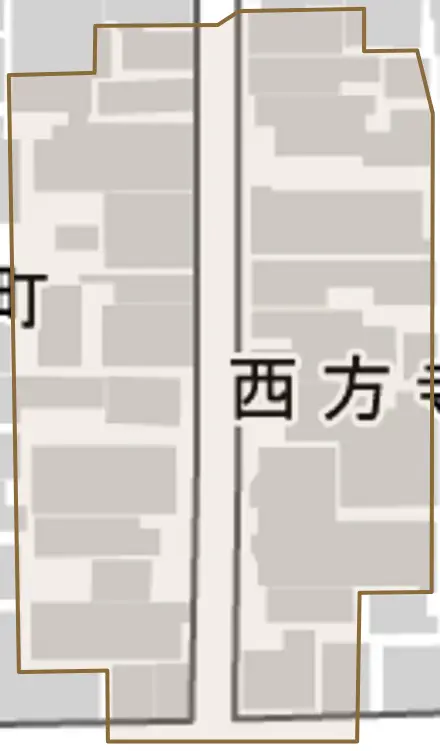 西方寺町とその周辺の地図。町の範囲を重ねている
