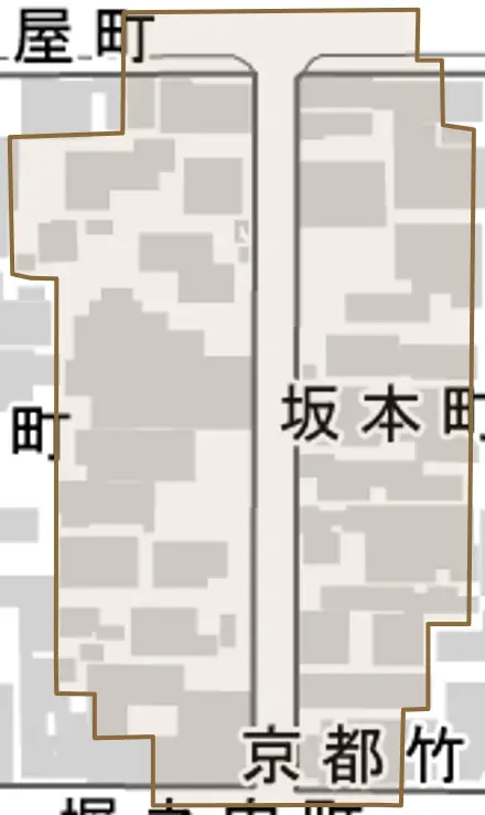 坂本町とその周辺の地図。町の範囲を重ねている
