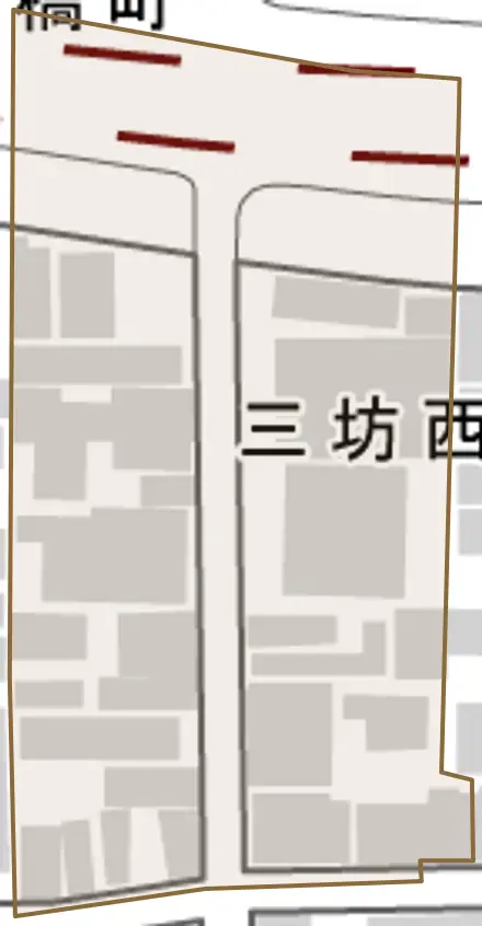 三坊西洞院町とその周辺の地図。町の範囲を重ねている