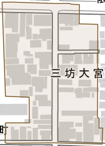 三坊大宮町とその周辺の地図。町の範囲を重ねている
