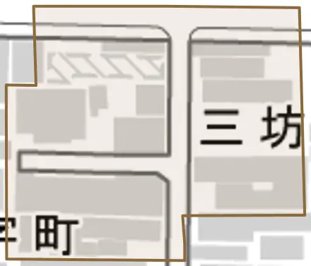 三坊猪熊町北組とその周辺の地図。町の範囲を重ねている