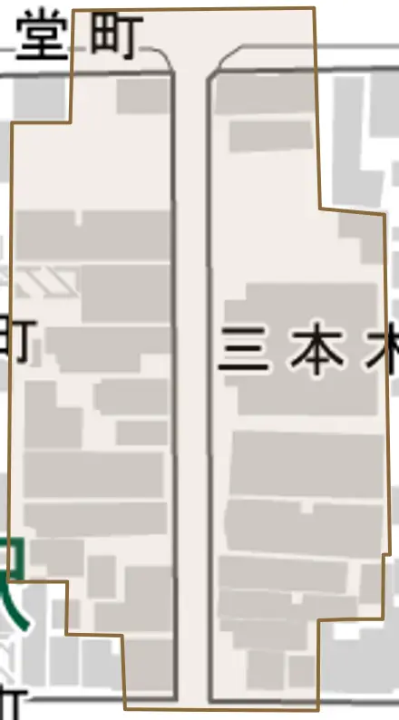 三本木町とその周辺の地図。町の範囲を重ねている