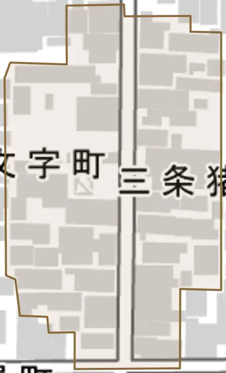 三条猪熊町とその周辺の地図。町の範囲を重ねている