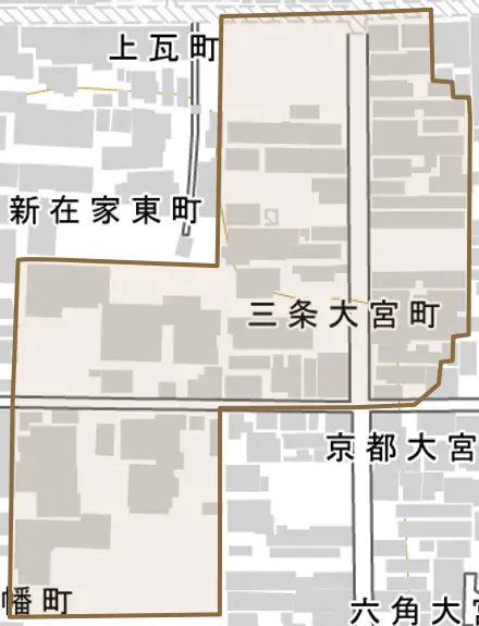 三条大宮町とその周辺の地図。町の範囲を重ねている